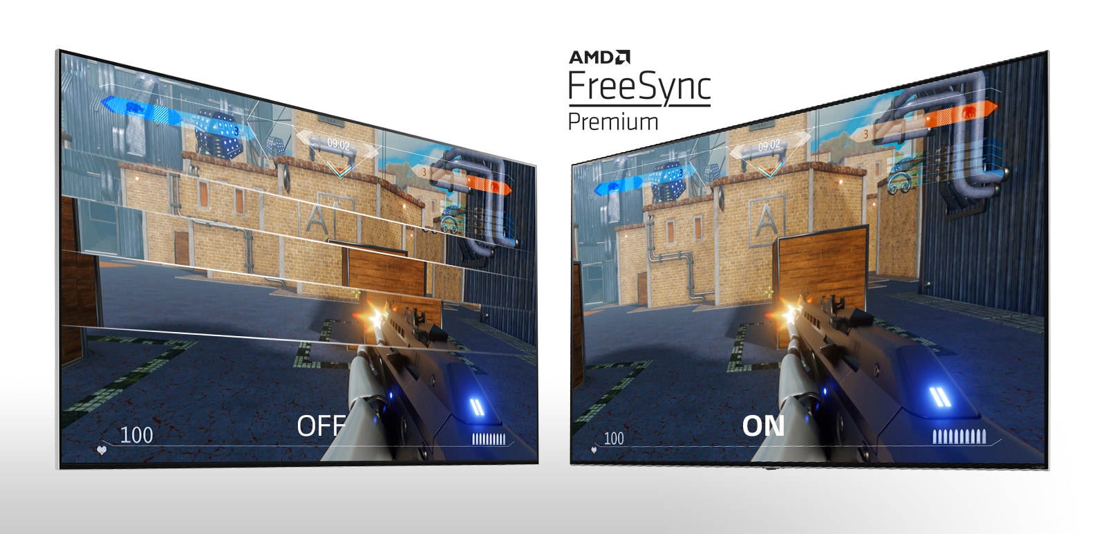 شاشتا تلفاز متجاورتين تعرضان لعبة إطلاق نار. تظهر الشاشة اليسرى FreeSync في وضع إيقاف التشغيل، بينما تظهر الصورة اليمنى FreeSync في وضع التشغيل.